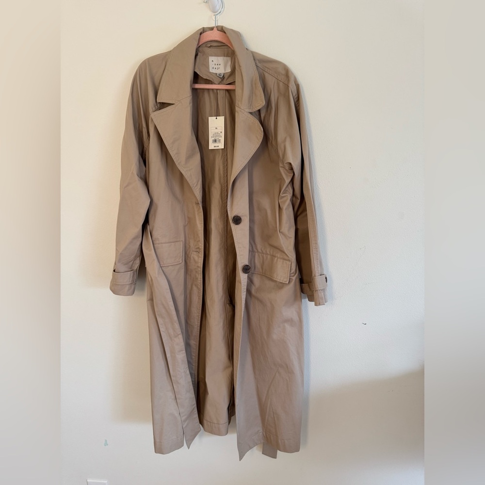 A New Day Trench coat with waist tie. Camel. New with tags. Size XL